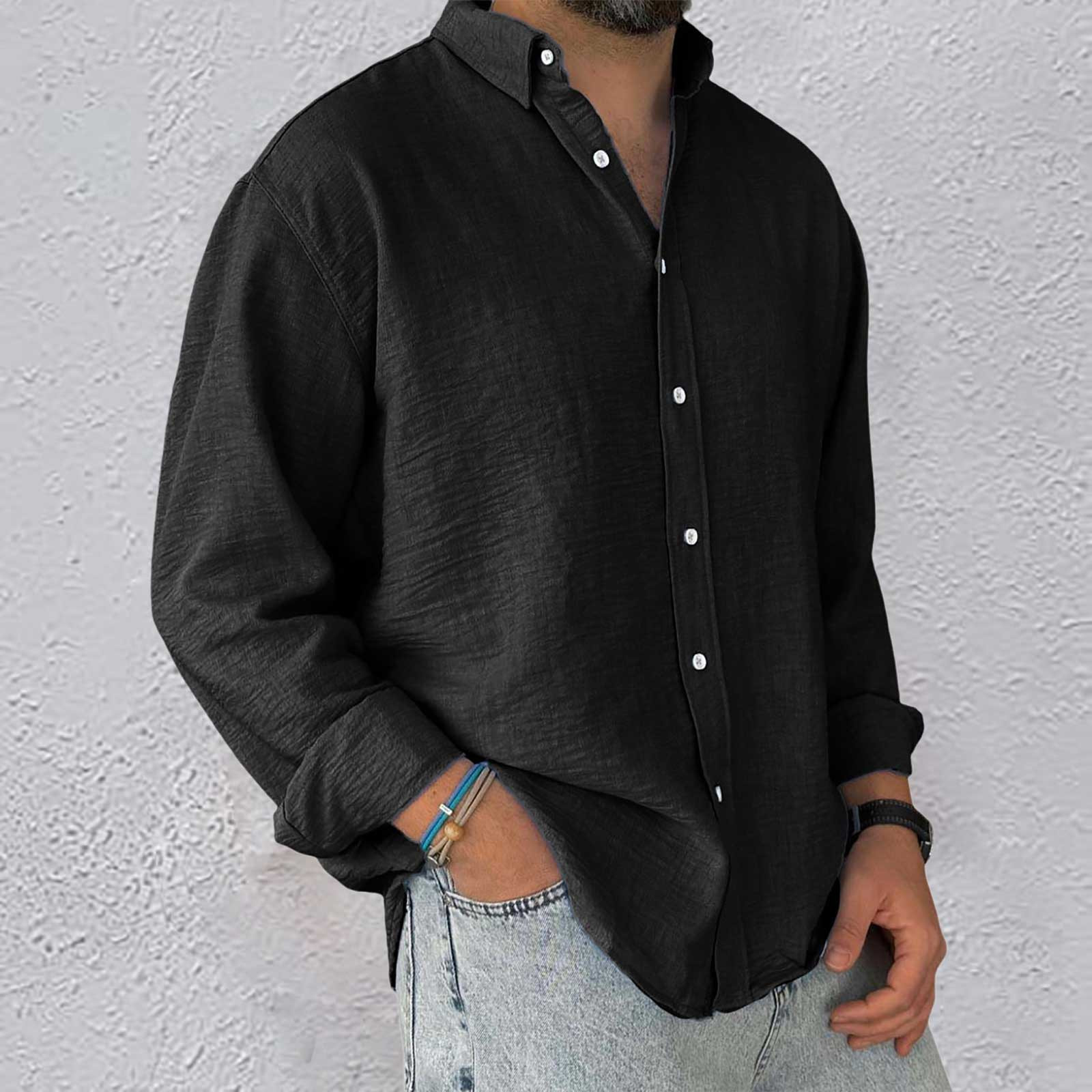 thumbnail image 2 of Camisa lavada de manga larga con botones para hombre: color liso, poliéster, cómoda y holgada para todas las ocasiones, 2 of 6